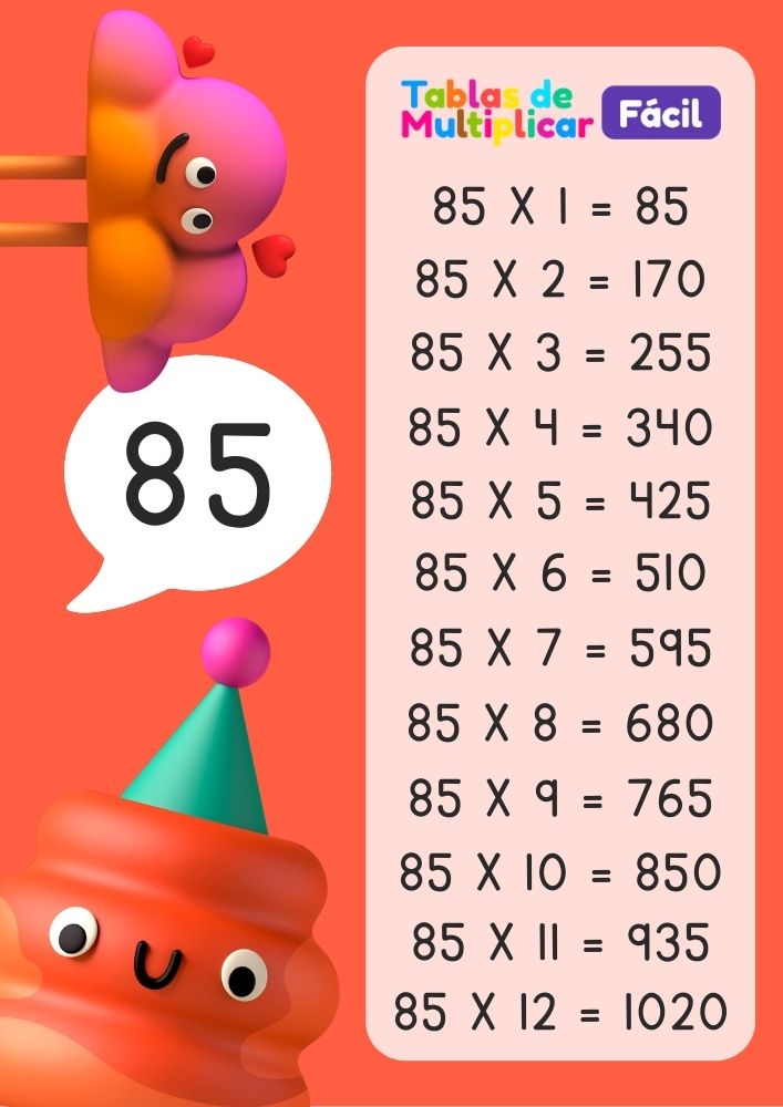 Tabla del 85 para niños, descargar PDF para imprimir